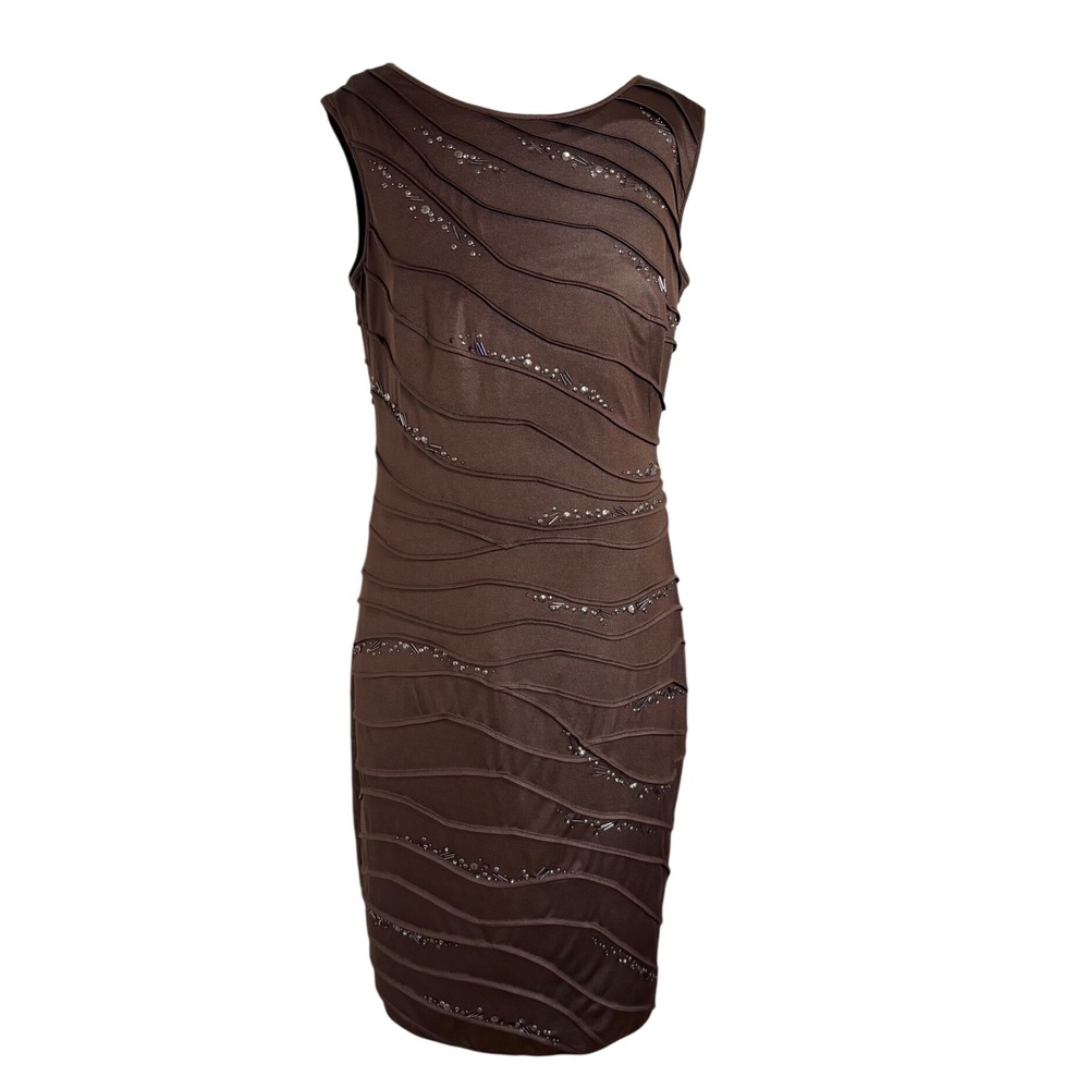 Tadashi Shoji Womens Sheath Dress Size XL Brown Beaded Pintuck Sleeveless Lined